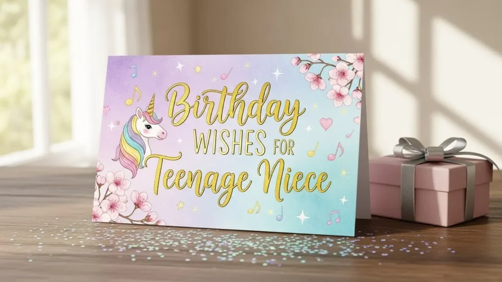 Birthday wishes for your niece teenage unicorn greeting card with flowers and music.
