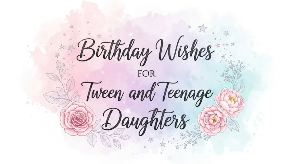 Birthday Wishes for Daughters card for tween and teenage girls with pink flowers and stars.