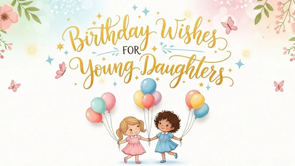 Birthday Wishes for Daughters illustration with young girls, colorful balloons, butterflies, stars, and flowers.