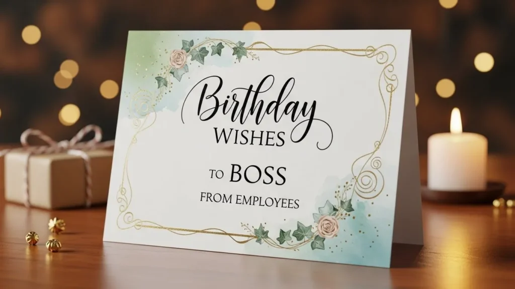 "Birthday wishes to boss from employees greeting card with floral border, gold ornaments and candle on desk"
