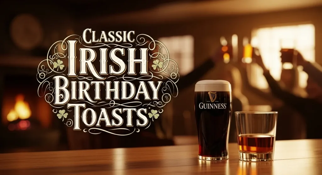 Classic Irish birthday toasts with ornate text and shamrock and Guinness beer whiskey glasses.
