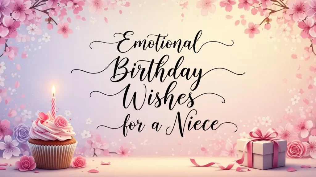 Emotional birthday wishes for your niece with pink flowers cupcake and gift.