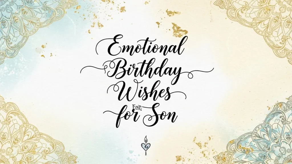 Emotional birthday wishes for son elegant black script on gold ornamental background design.