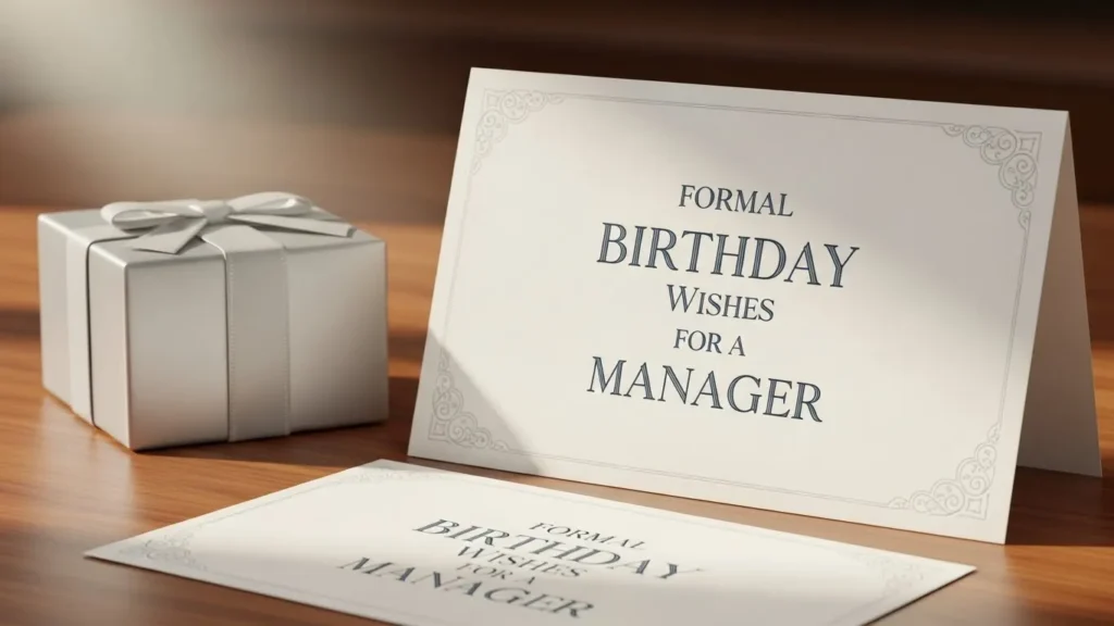 "Formal birthday wishes for boss greeting card with ornate corners, gift box and envelope on wooden desk"
