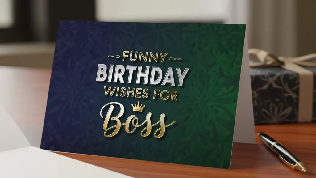"Funny birthday wishes for boss greeting card with gold crown and text on blue-green gradient background"
