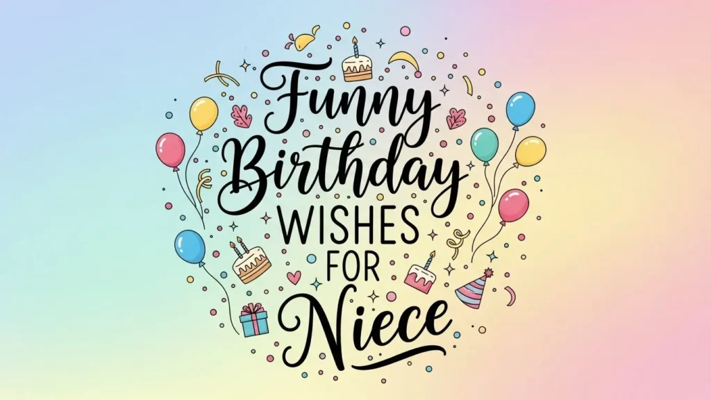 Funny birthday wishes for your niece with colorful balloons and cake illustrations.