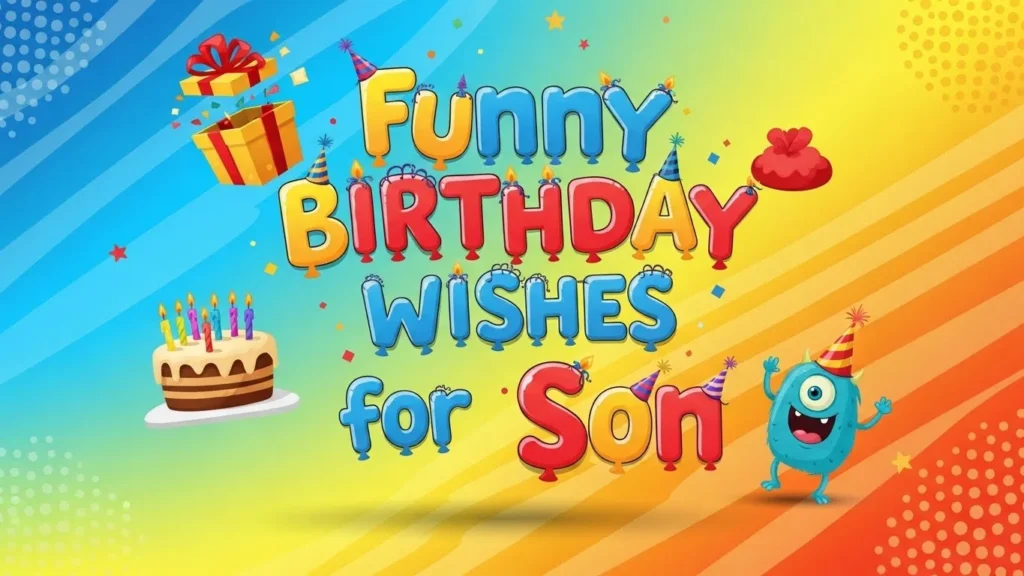 Funny birthday wishes for son with colorful graphic with cake, gifts, balloons, and cartoon character.