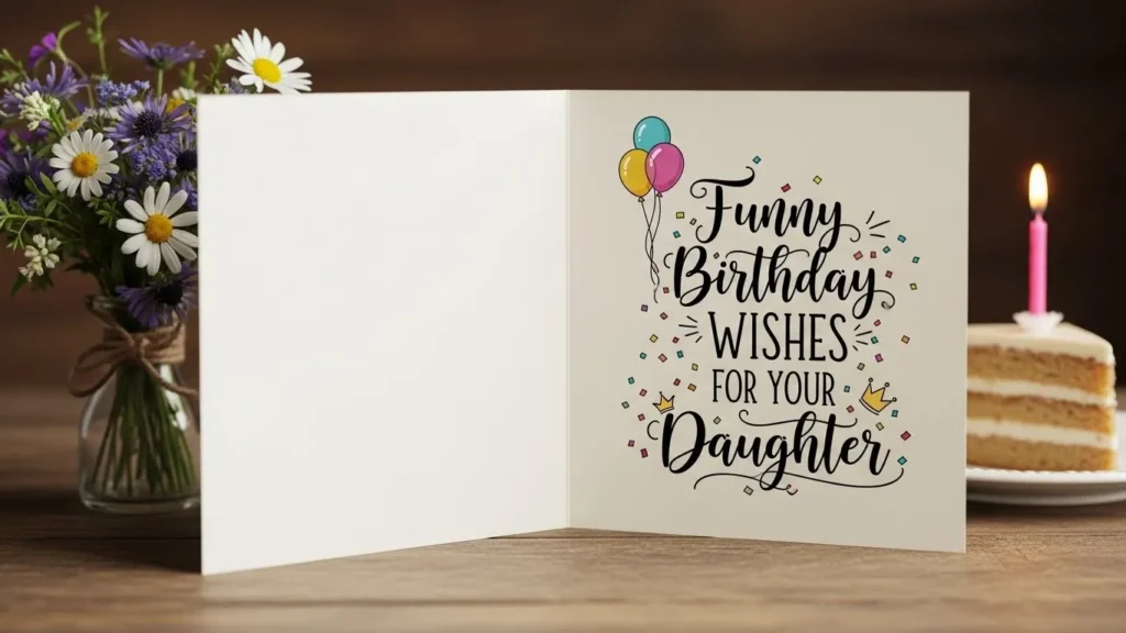Funny Birthday Wishes for Your Daughter greeting card with colorful balloons, confetti and daisies.

