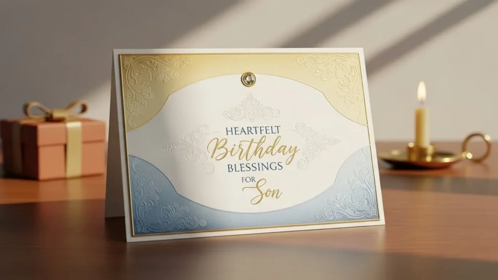 Birthday blessings for son elegant card with gold ornaments and blue embossed design.
