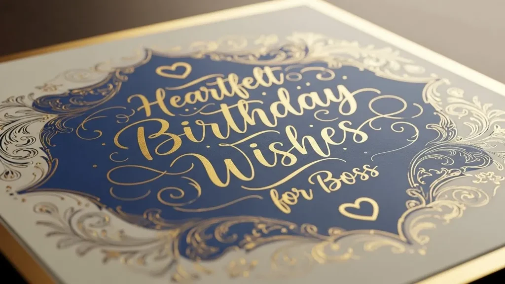 "Heartfelt birthday wishes for boss card with gold cursive text, ornate silver border design on navy blue"
