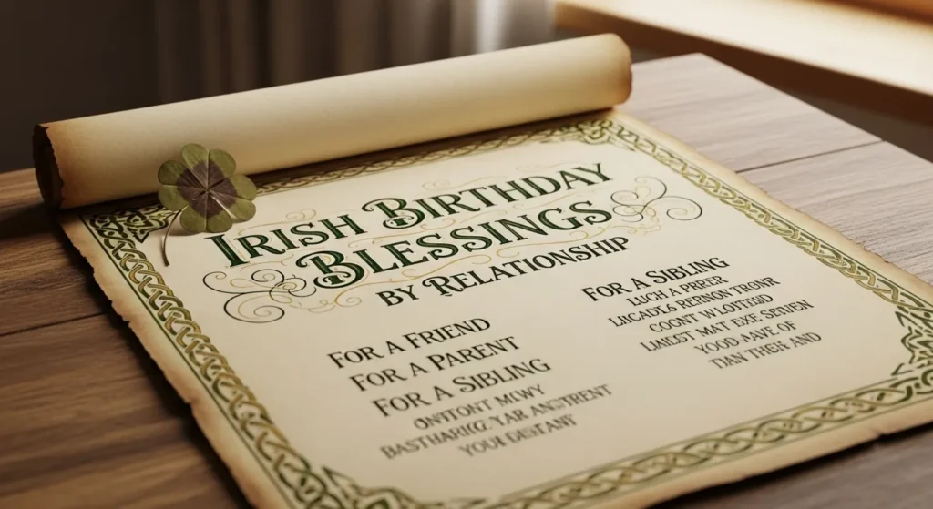 Irish birthday blessings by relationship vintage scroll with four-leaf clover decoration.
