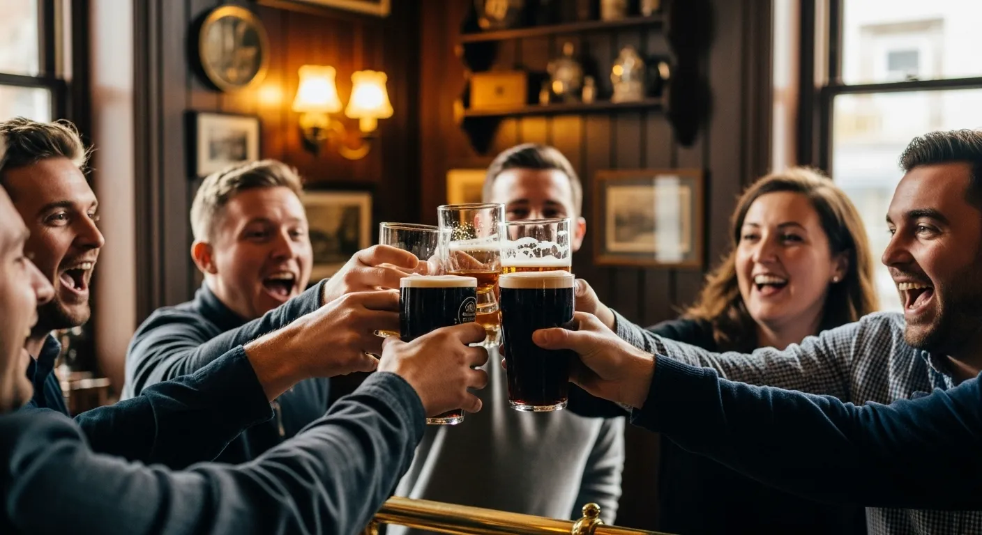 Irish birthday wishes friends toasting with beer in traditional pub with warm lighting.