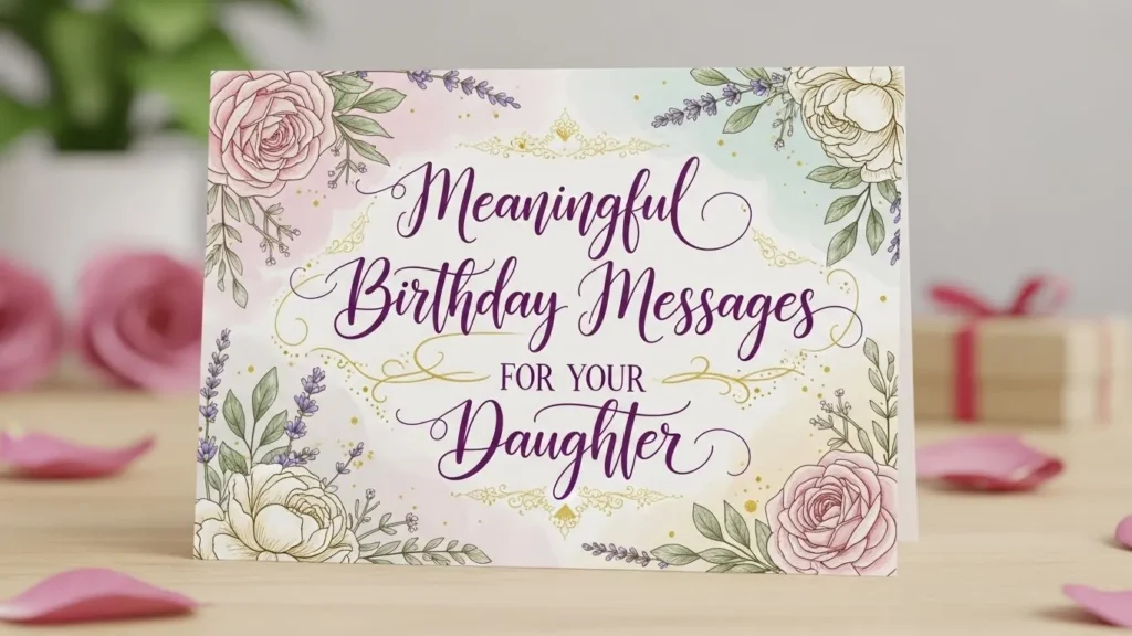 Meaningful Birthday Wishes for Daughters greeting card with pink roses, lavender, and gold ornaments.