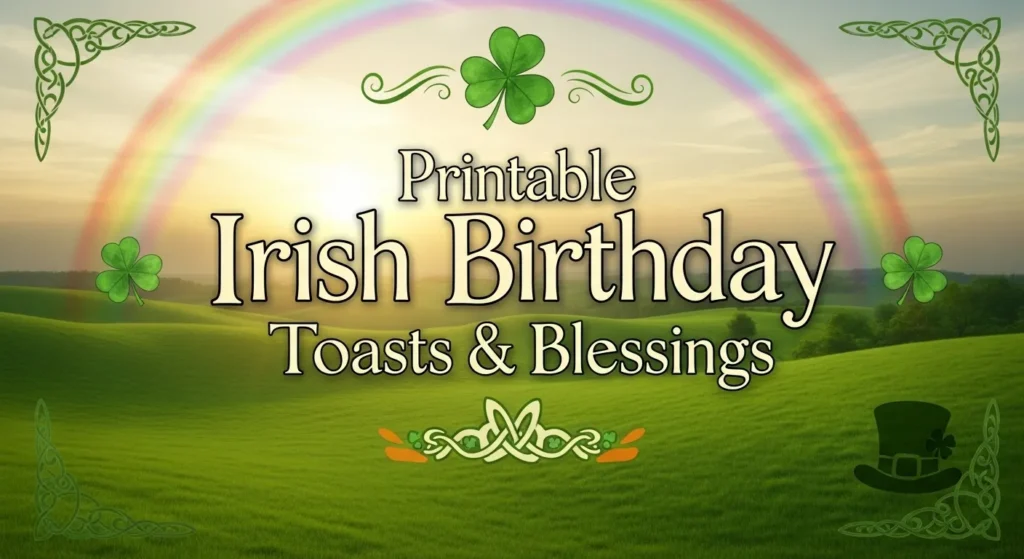 Printable Irish birthday toasts and blessings with shamrock rainbow Celtic border design.
