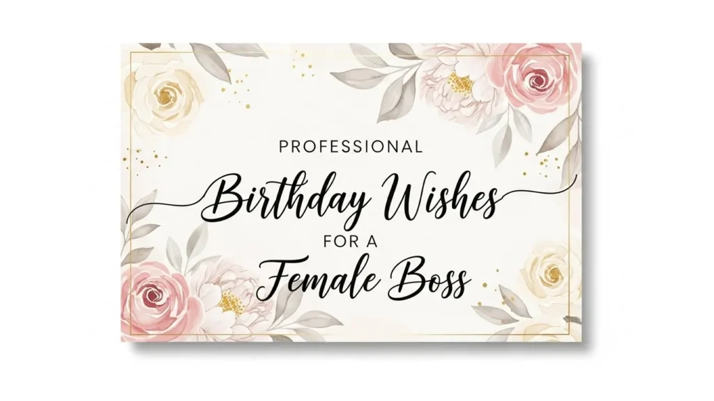 "Elegant floral birthday wishes for boss card with pink roses, cream flowers and gold accents on white background"
