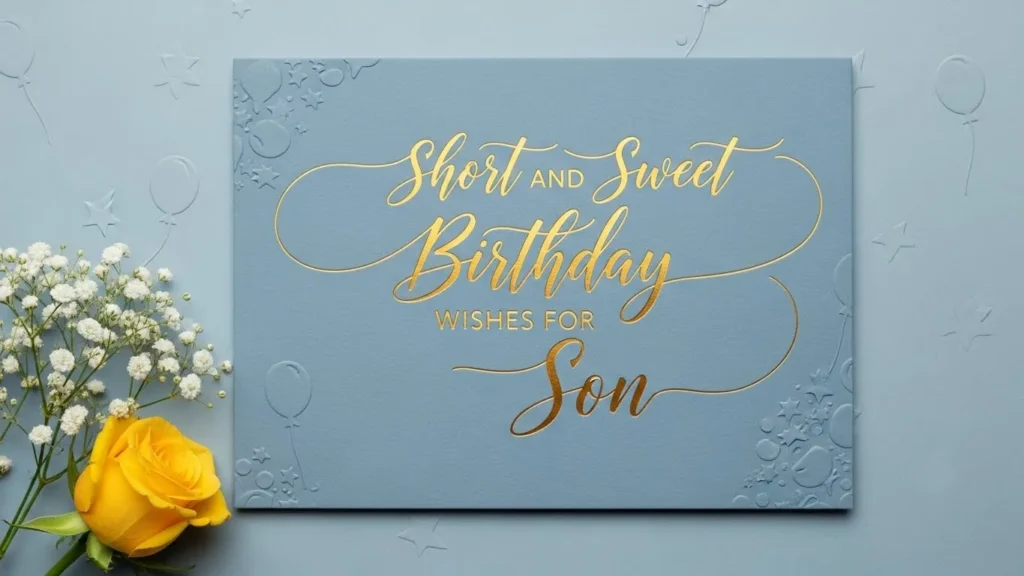 Birthday wishes for son card with gold text, yellow rose and white flowers on blue background.