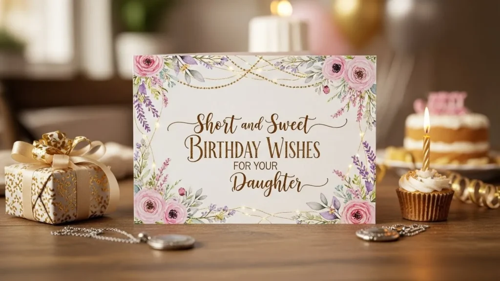 Short and Sweet Birthday Wishes for Daughters greeting card with pink flowers, gold decorations, a gift, and a cupcake.