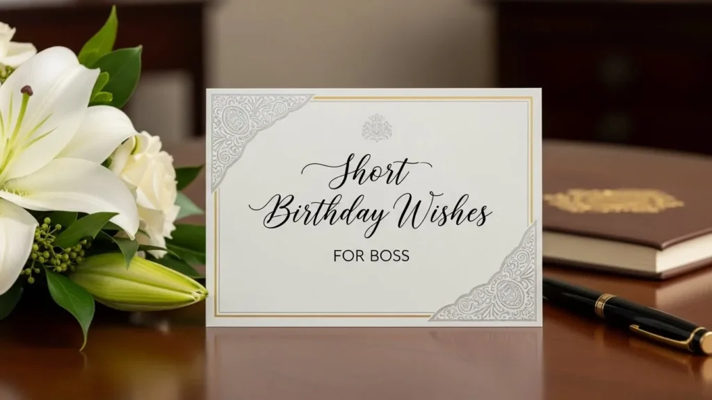 "Short birthday wishes for boss greeting card with white lilies and an ornate gold border design on wooden desk background"
