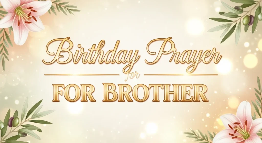 Birthday prayer wishes for brother with pink lilies, olive branches, and golden bokeh.