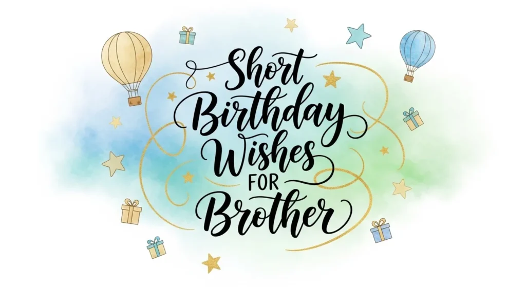 Short birthday wishes for brother with hot air balloons, stars and gift decorations.