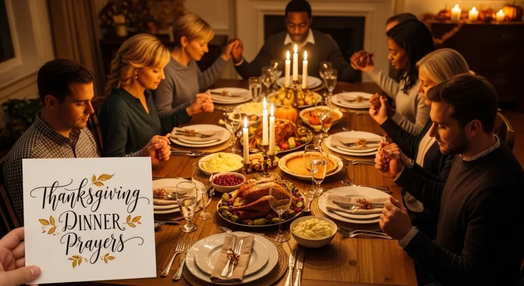 Thanksgiving prayers for family as loved ones hold hands and pray together before a traditional Thanksgiving dinner at home.