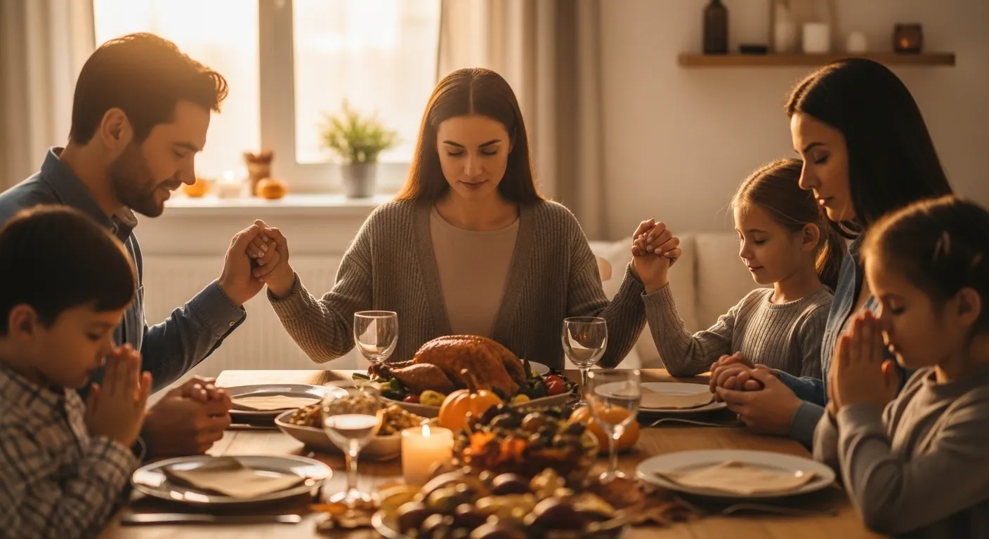 Thanksgiving prayers for family around dinner table.